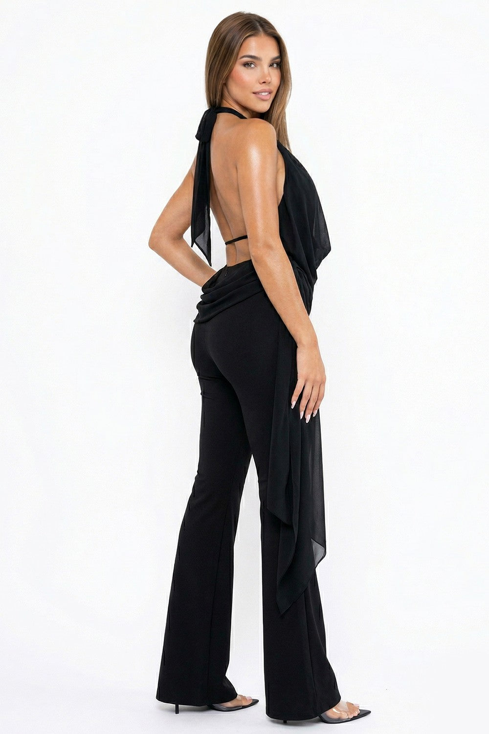 Self-tie Back Neck Halter Top Jumpsuit