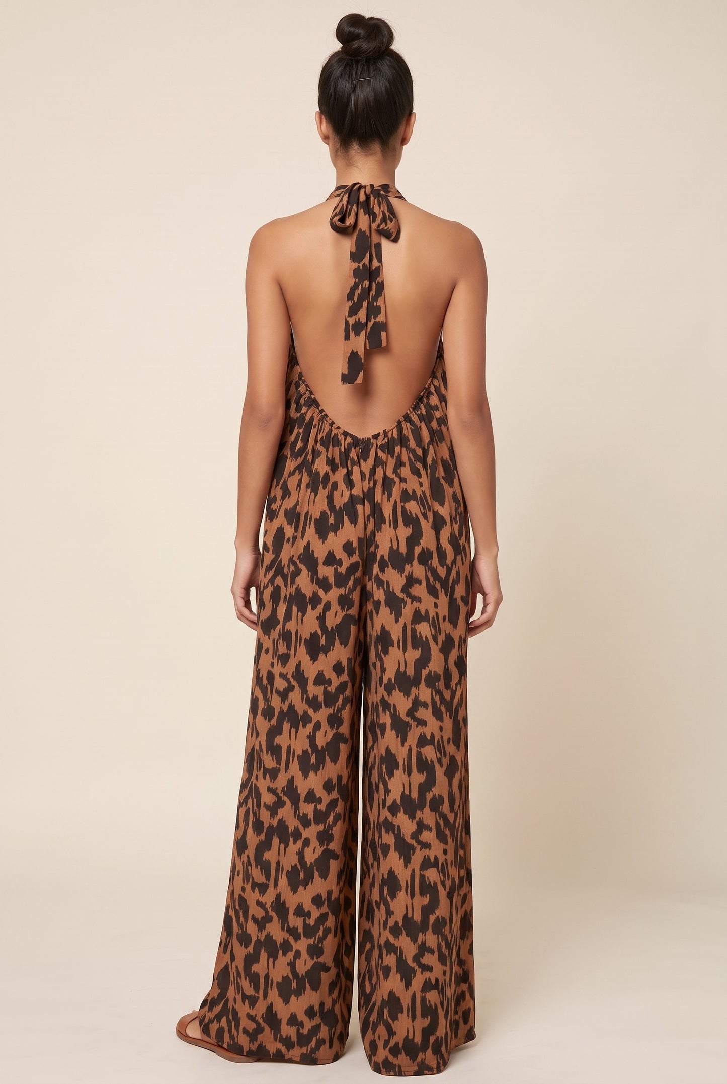 Leopard Halter Tie Deep Back Jumpsuit