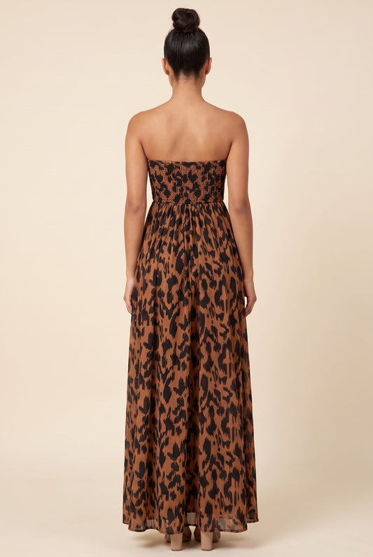 Leopard Smocked Strapless Wide Leg Jumpsuit