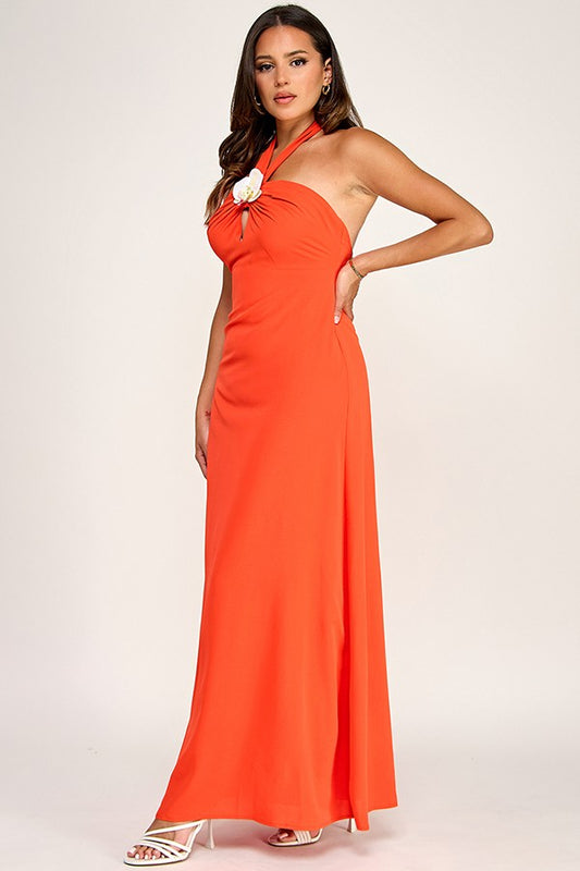 Orchid Flower Neck Detail Maxi Dress