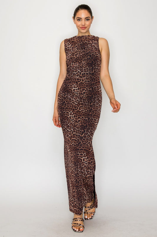 Leopard Mesh Mock Neck Sleeveless Maxi Dress