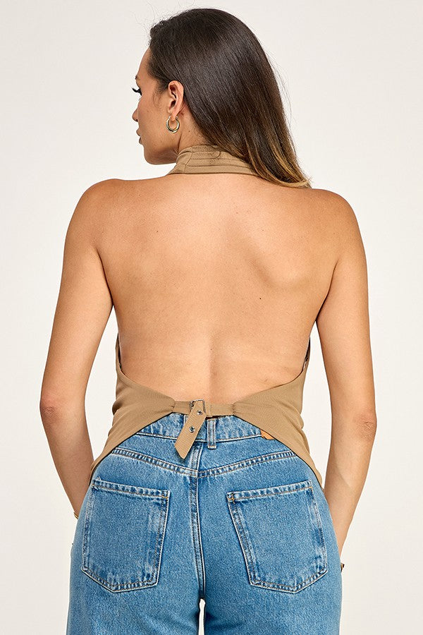 Studded Detail with Cowl Front Halter Sleeveless Knit Top