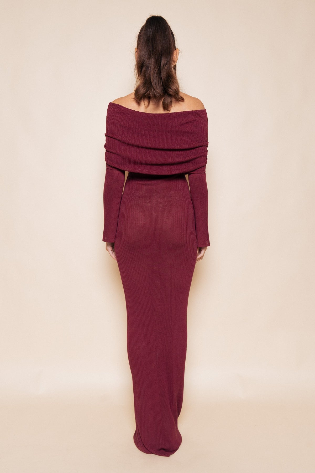 Fold Over Off The Shoulder Long Sleeve Knit Maxi Dress