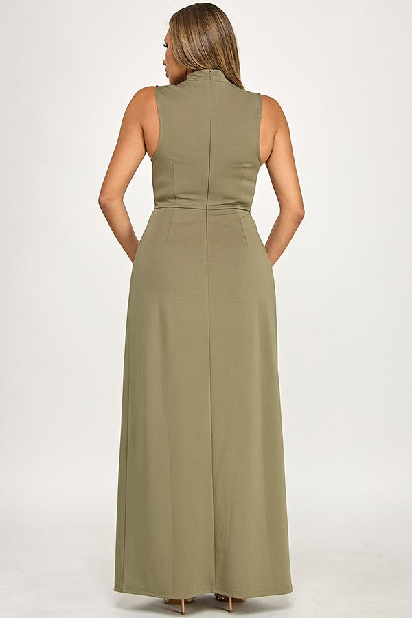 Sleeveless High Neck with Waist Ruched Maxi Dress
