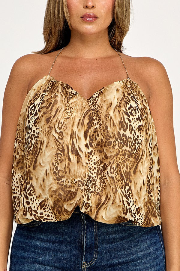 Animal Sleeveless Chain Halter Neck Print Top