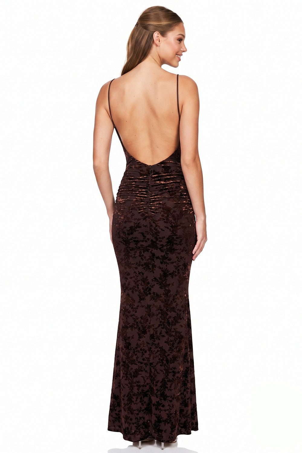 Floral Velvet Burnout Cowl Neck Open Back Sleeveless Maxi Dress