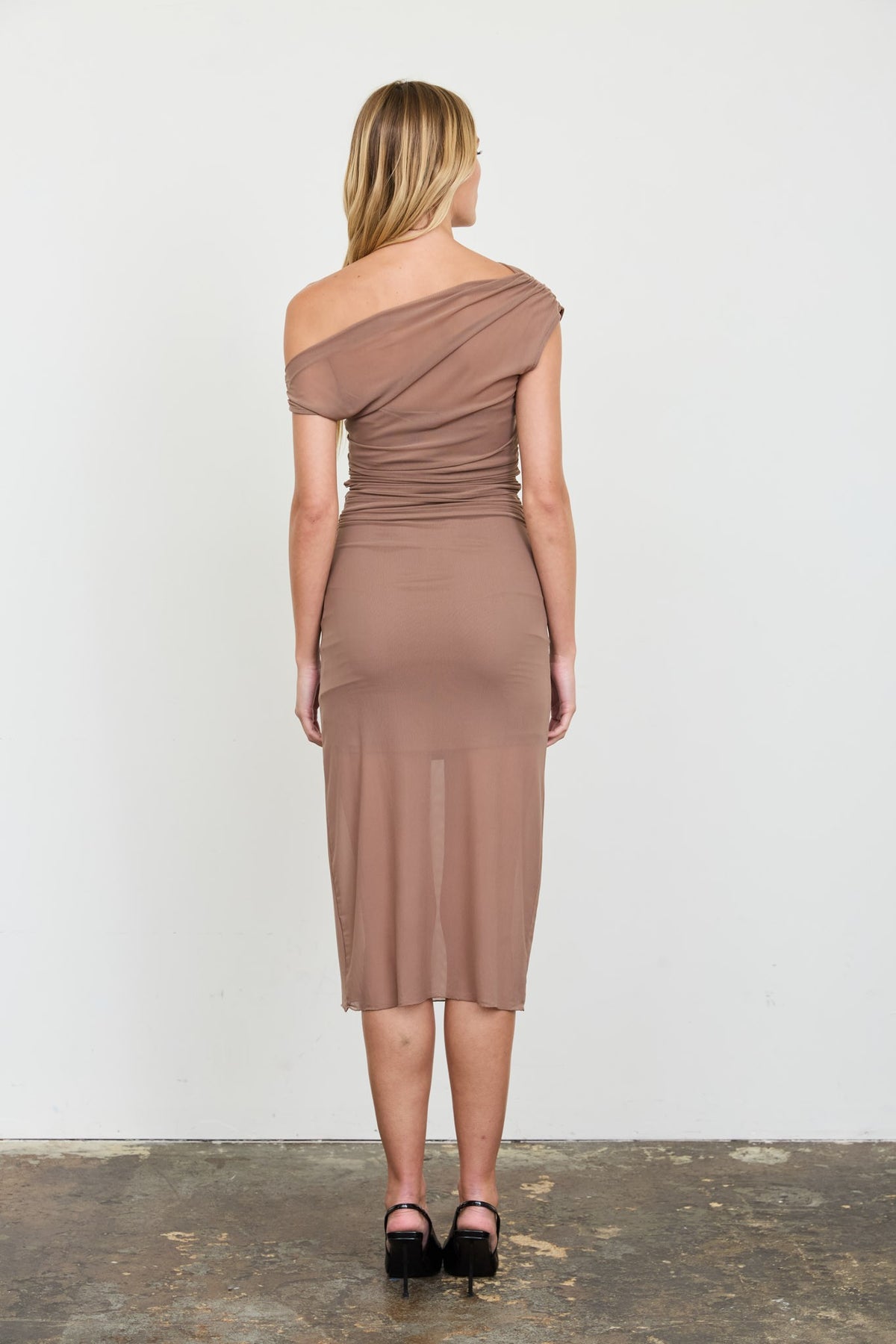 Asymmetric Off-the-shoulder Sheer Midi Dress