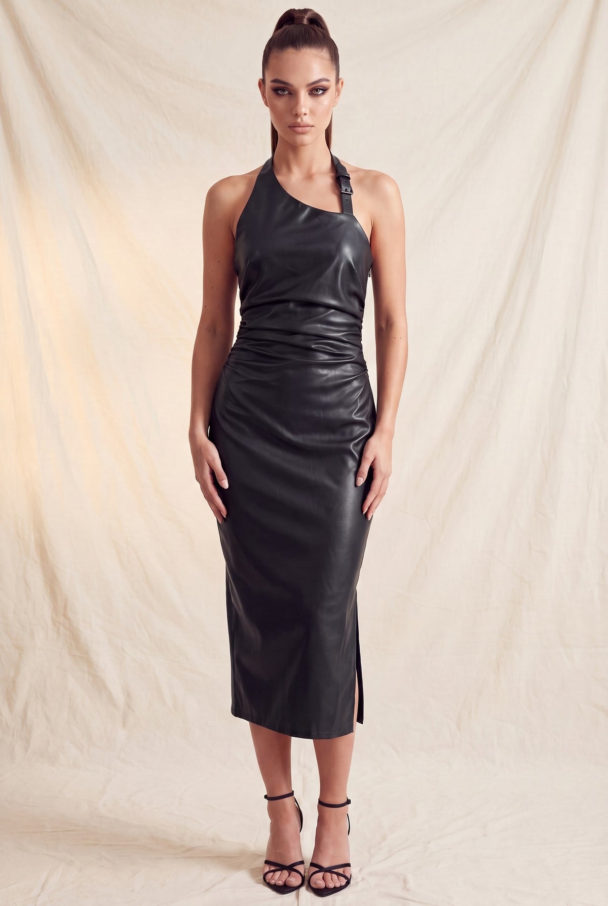 faux leather buckle halter midi dress