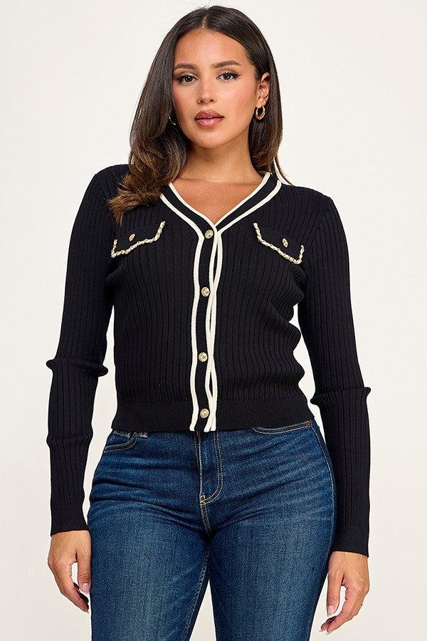 Long Sleeve Chain Trim Pocket Detailed Cardigan Top