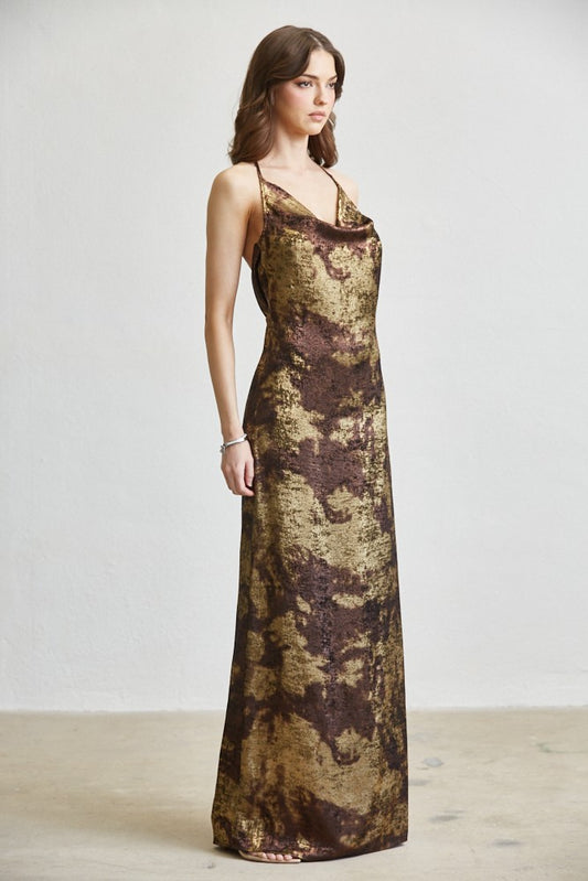 Metallic Print Cowl-neck Halter Maxi Dress