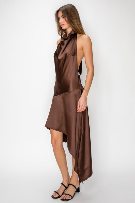 Satin Cowl Halter Open Back Lace Trim Sleeveless Midi Dress