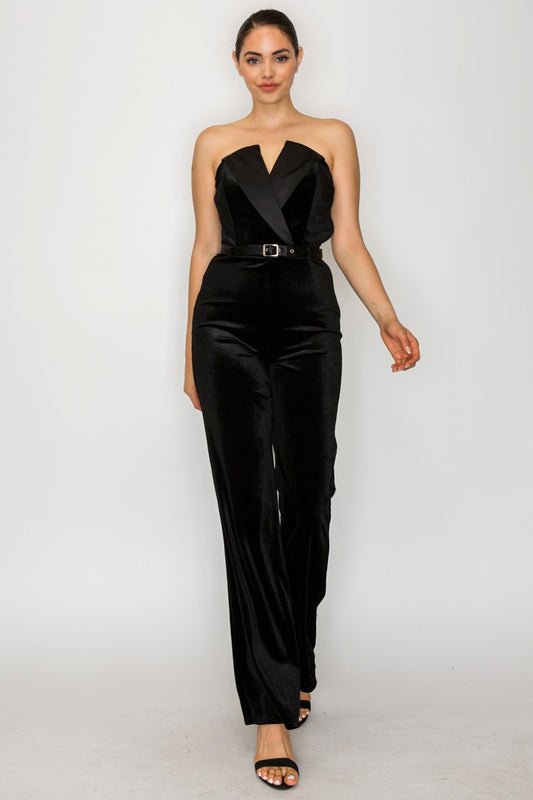 Lapel Belted Velvet Strapless Jumpsuit