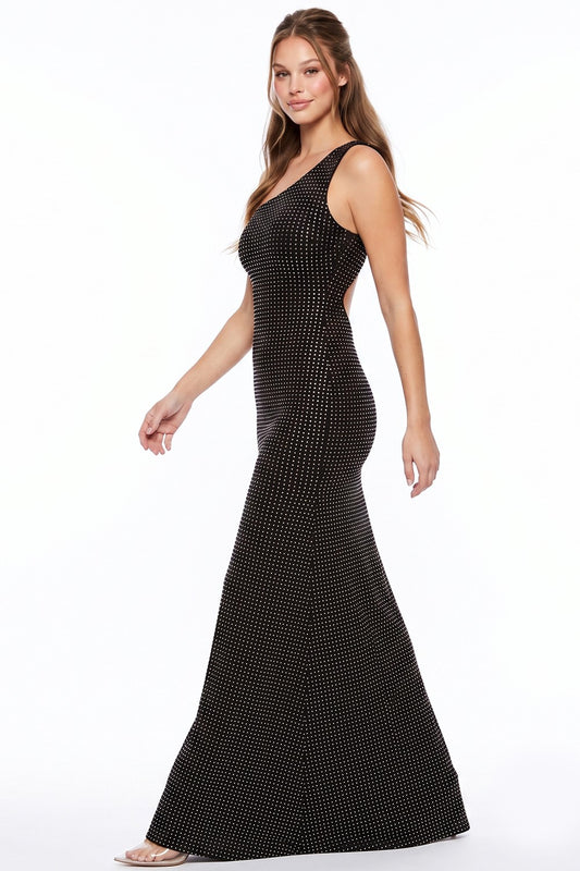 One Shoulder Rhinestone Maxi Dress