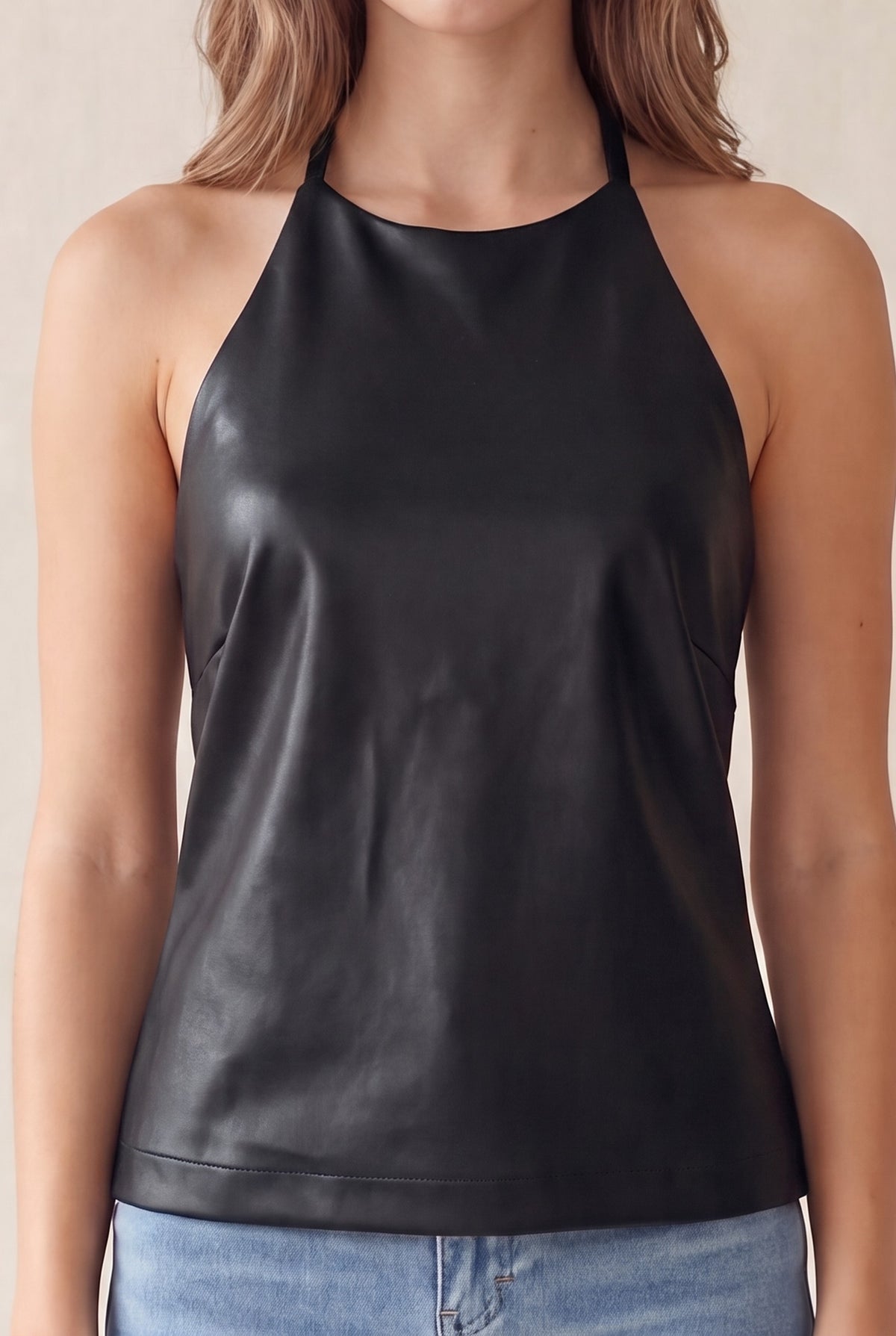 faux leather open back halter top
