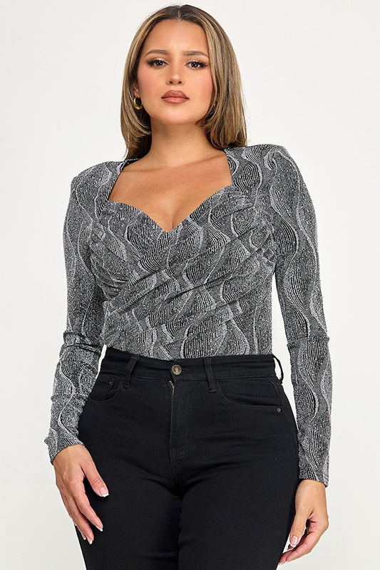 Long Sleeve Surplice Metallic Bodysuit