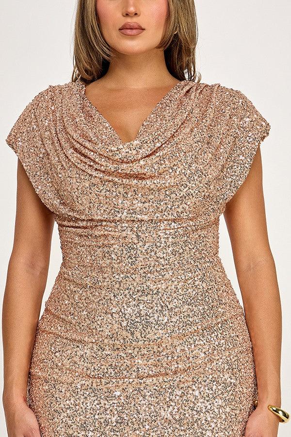 Sleeveless Draped Neck Sequin Dress