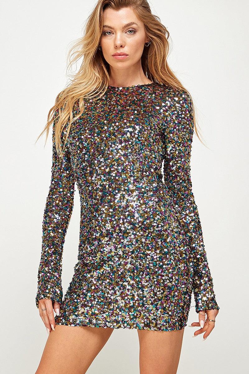 Sequin Long Sleeve Bodycon Dress Dk Multi / Medium Sequin Long Sleeve Bodycon Dress Dk Multi / Medium