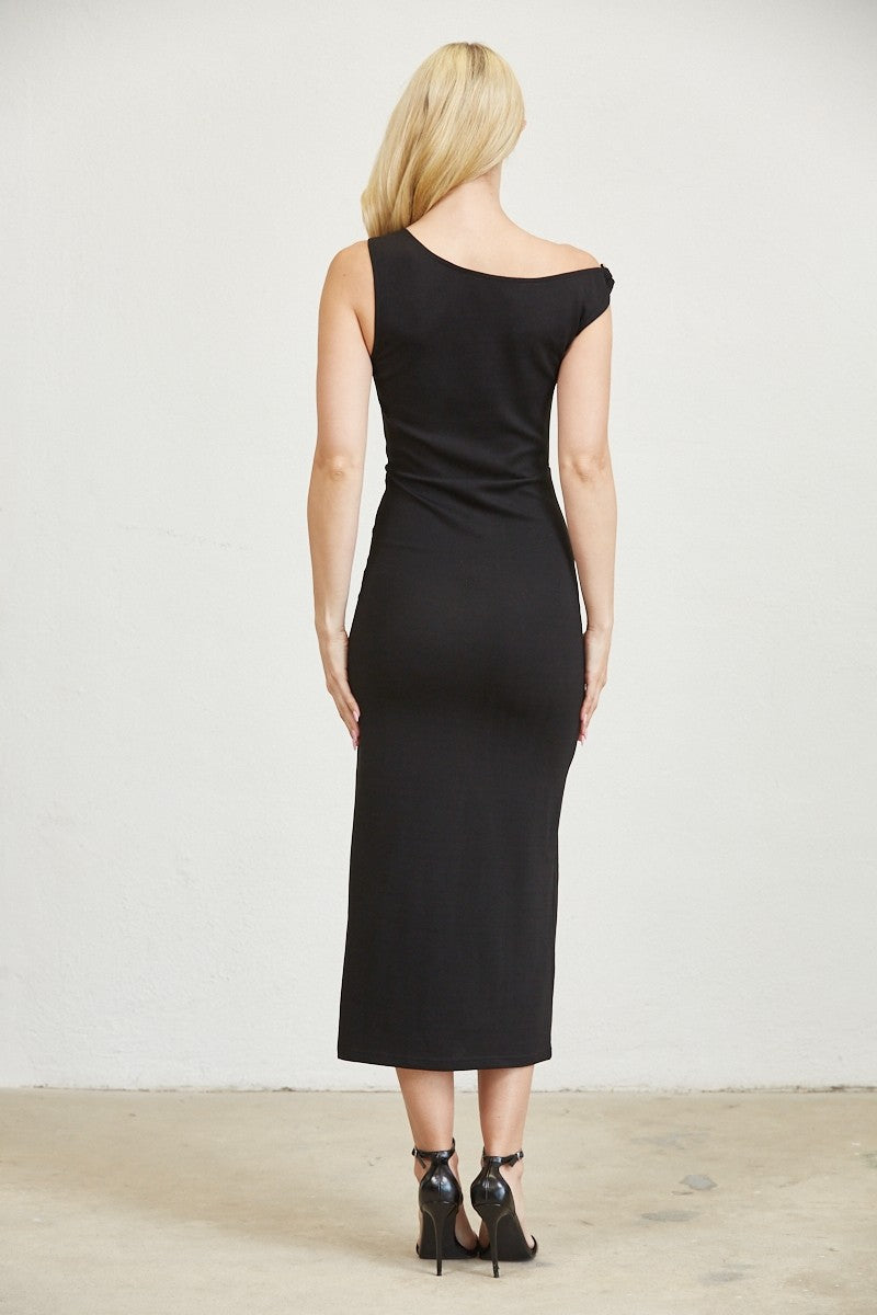 Metal Trimmed One Shoulder Bodycon Midi Dress