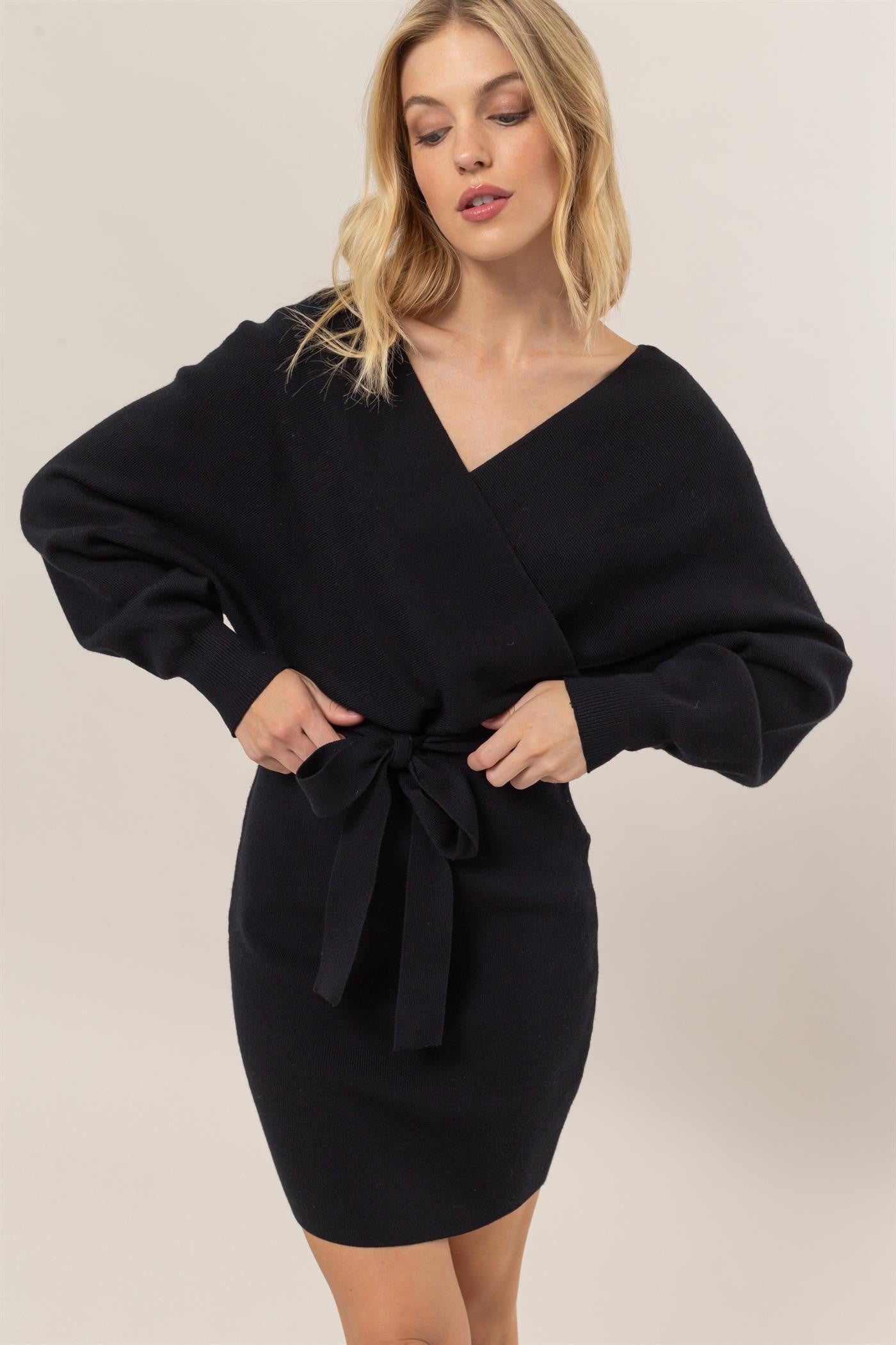 Black Surplice Knit Sweater Short Dress Black Surplice Knit Sweater Short Dress