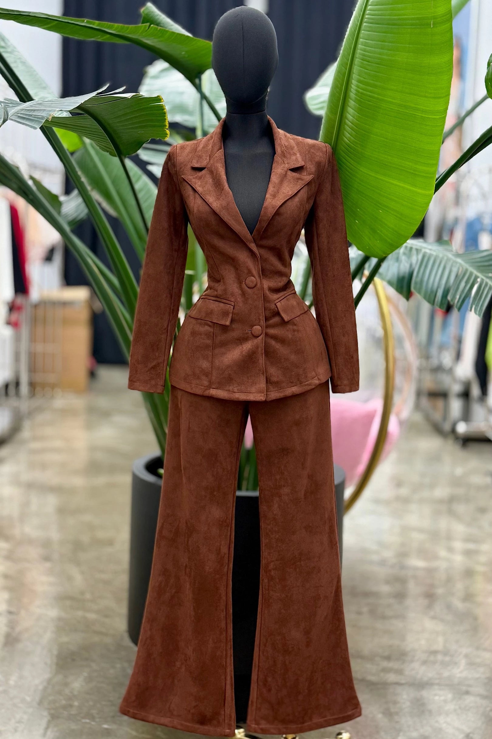 High Waist Wide Leg Suede Pants Brown / Large