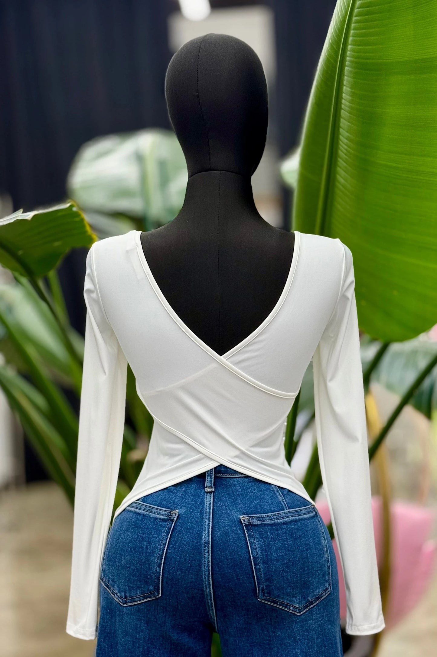 square neck cross over back long sleeve top