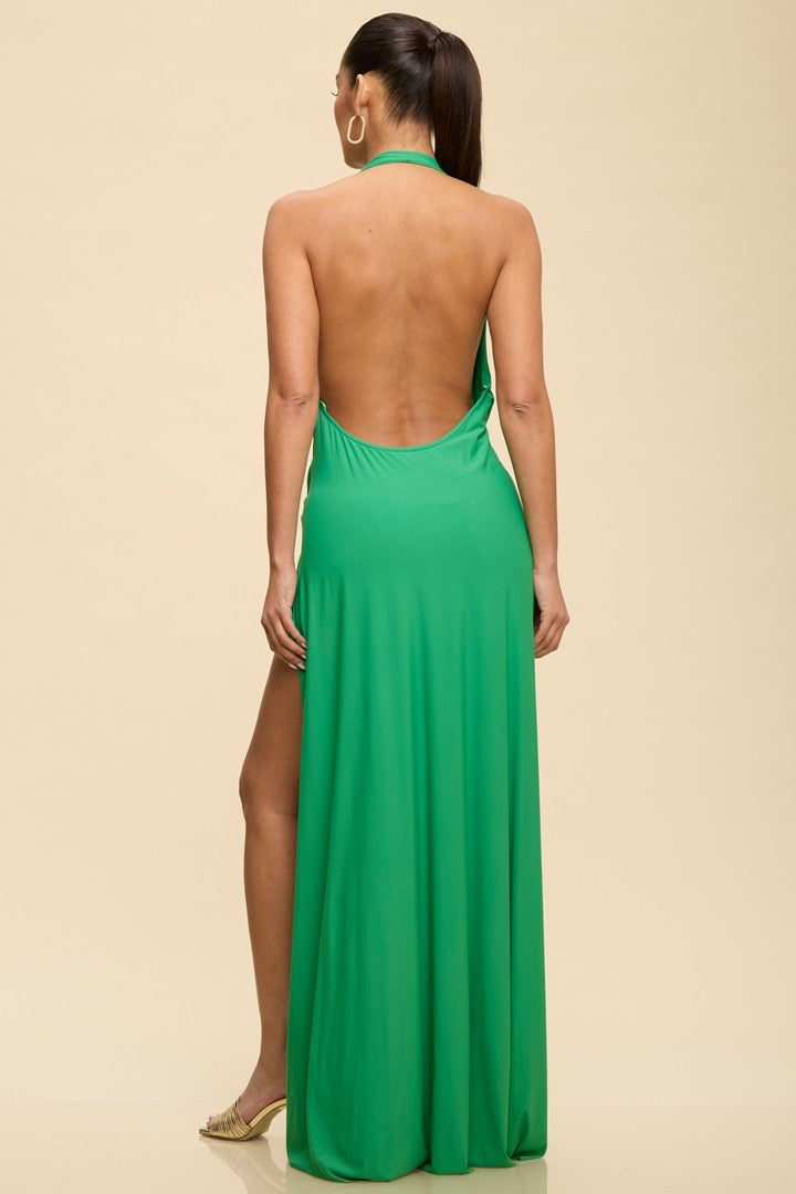plunge neckline halter maxi dress