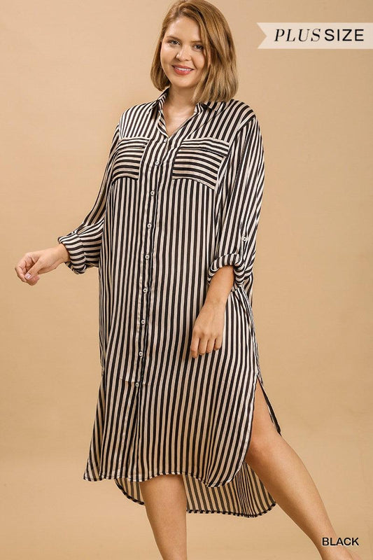 PLUS Striped Long Sleeve Button Down Midi Dress - tarpiniangroup