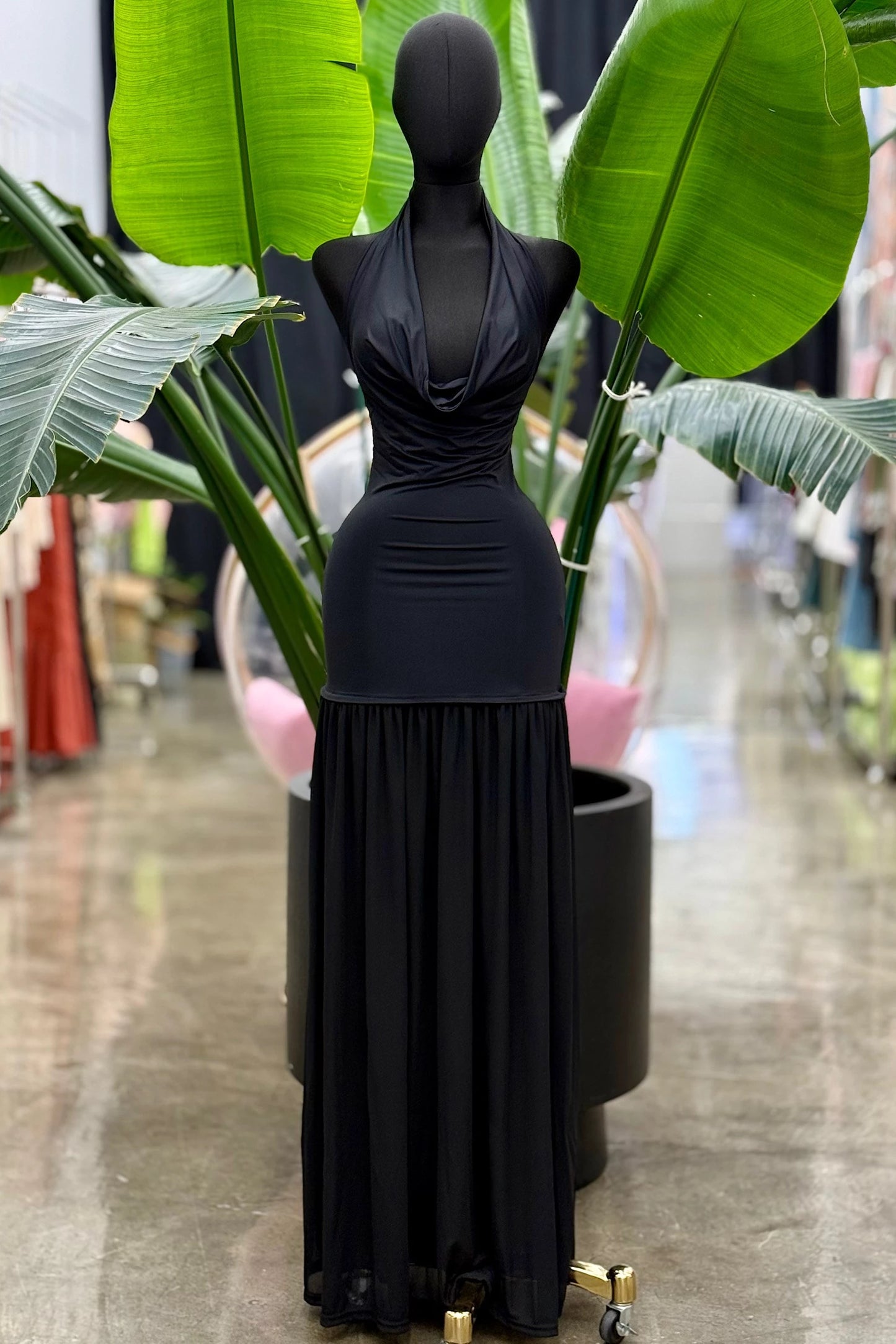 cowl neck drop waist pleated mxi dress