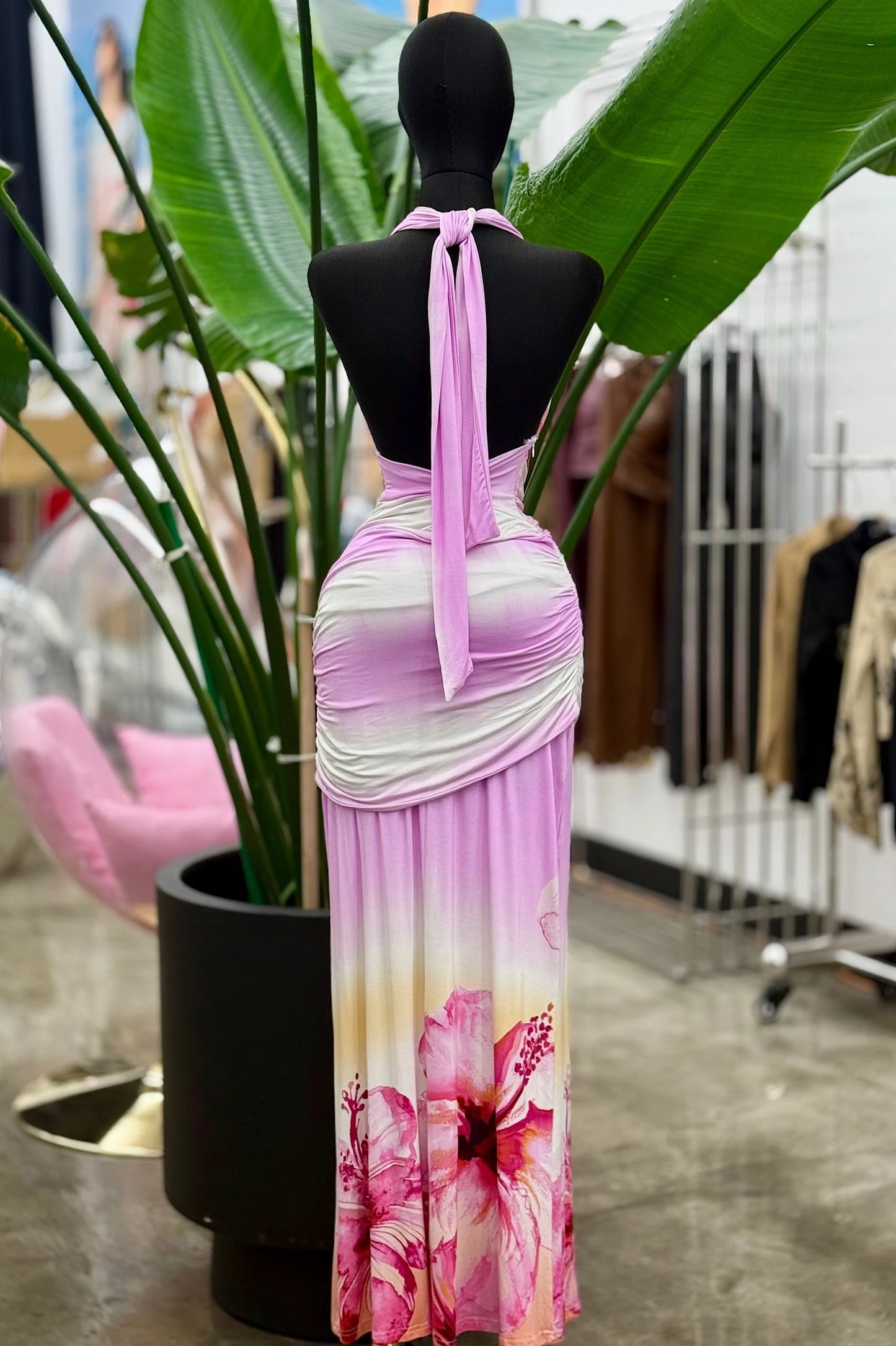 tropical floral jersey halter maxi dress