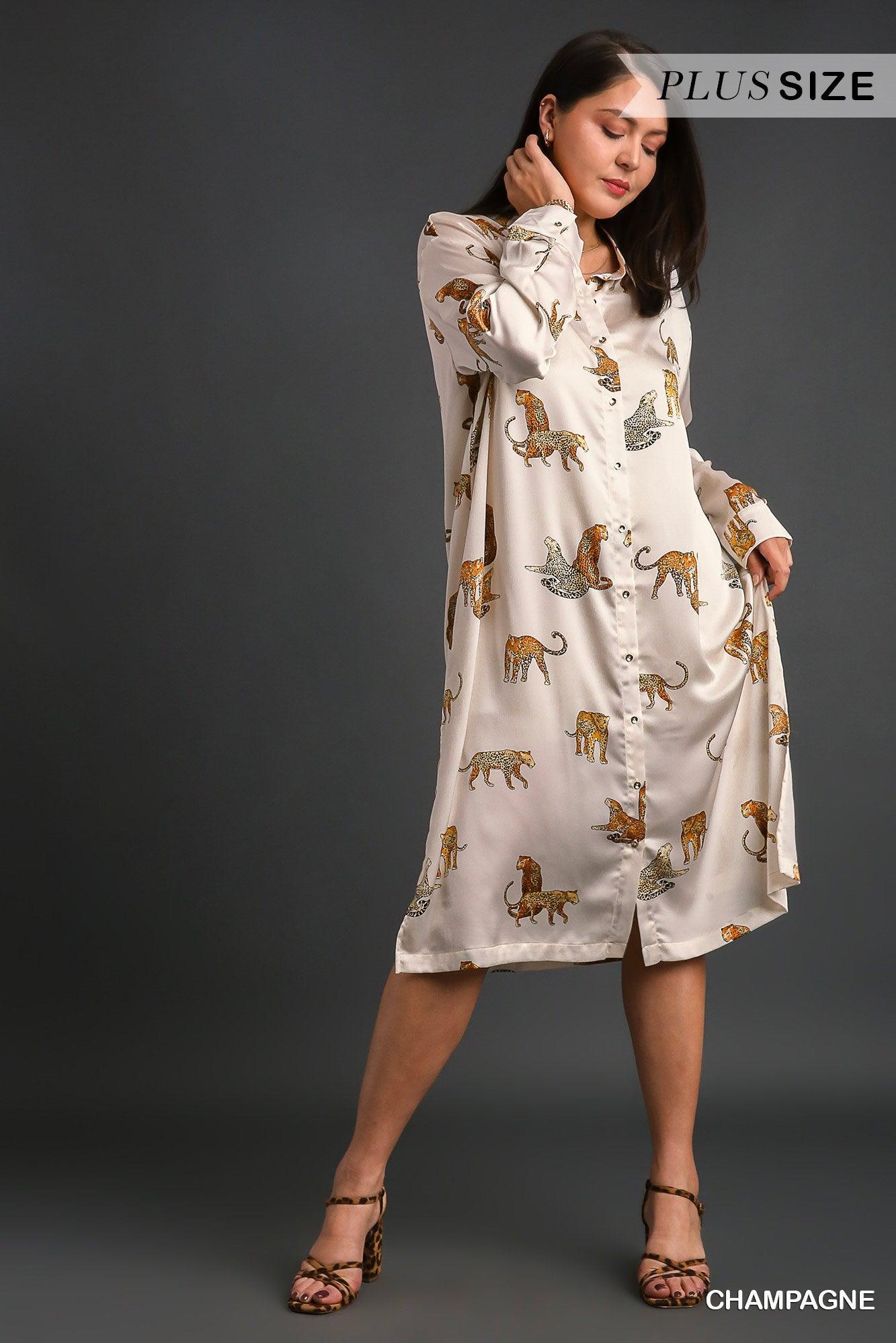 Animal Print Button Down Midi Dress Cardigan Champagne / 1XL Animal Print Button Down Midi Dress Cardigan Champagne / 1XL