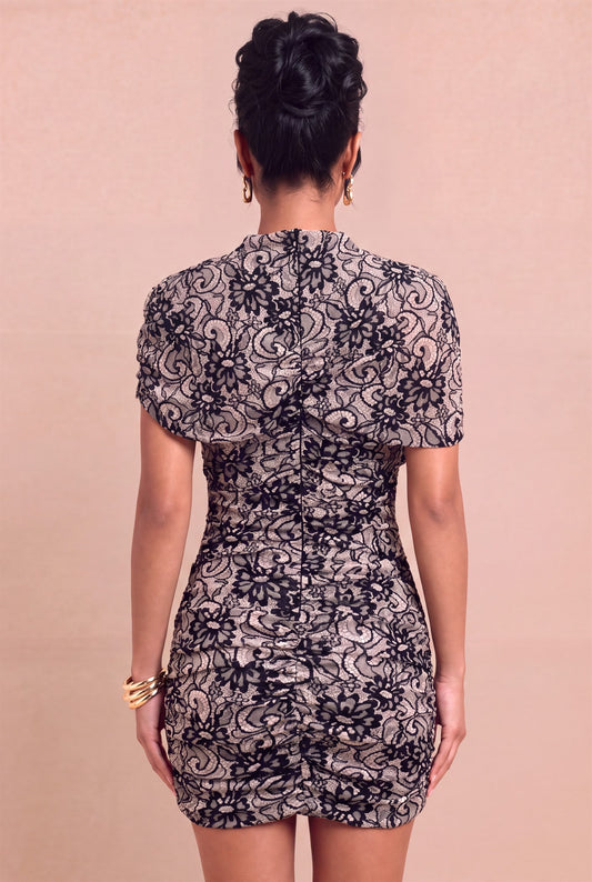 Lace Mesh Drape Short Sleeve Mini Dress