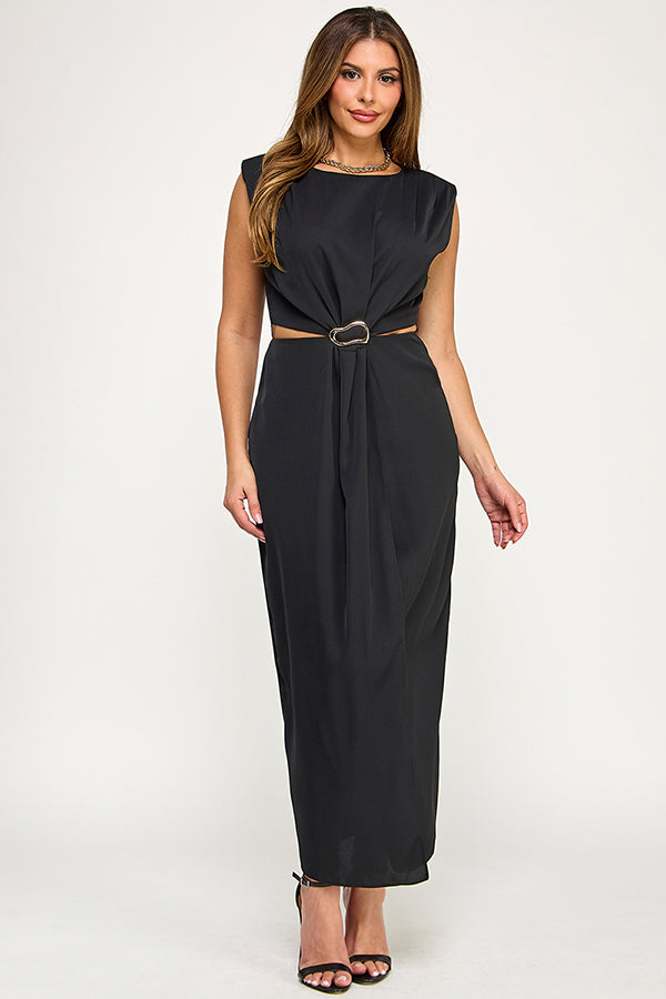 gold hardware sleeveless cutout midi dress