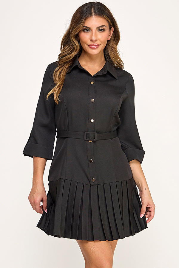 pleated 3/4 sleeve belted dress Black / Medium