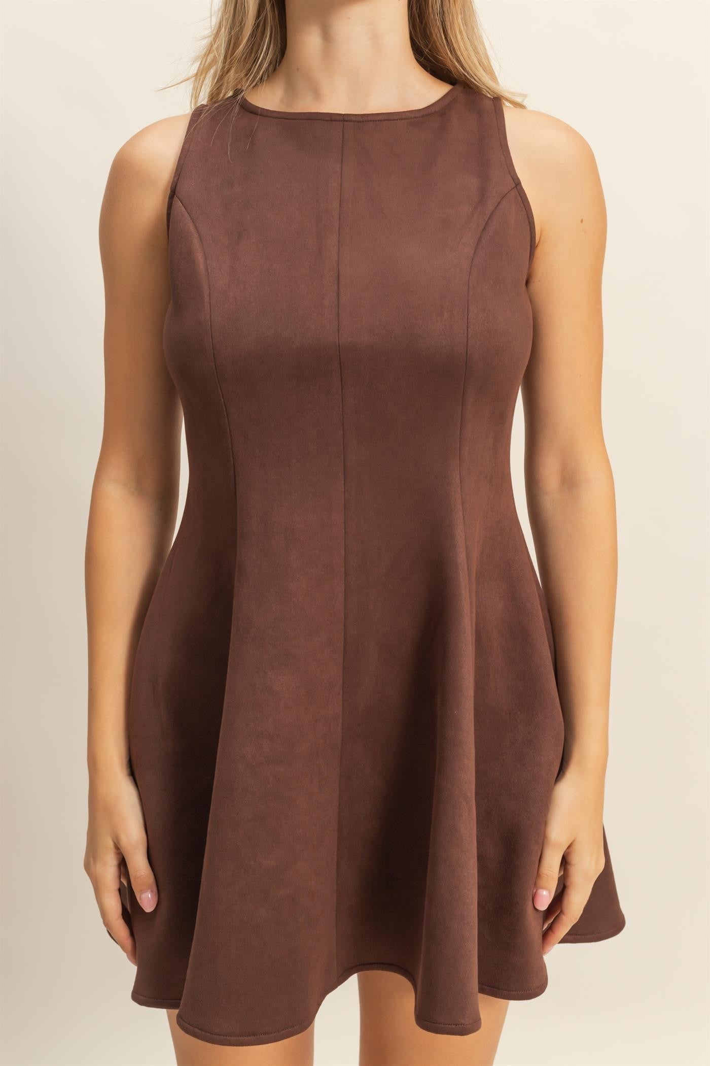 Sleeveless Flared Suede Mini Dress