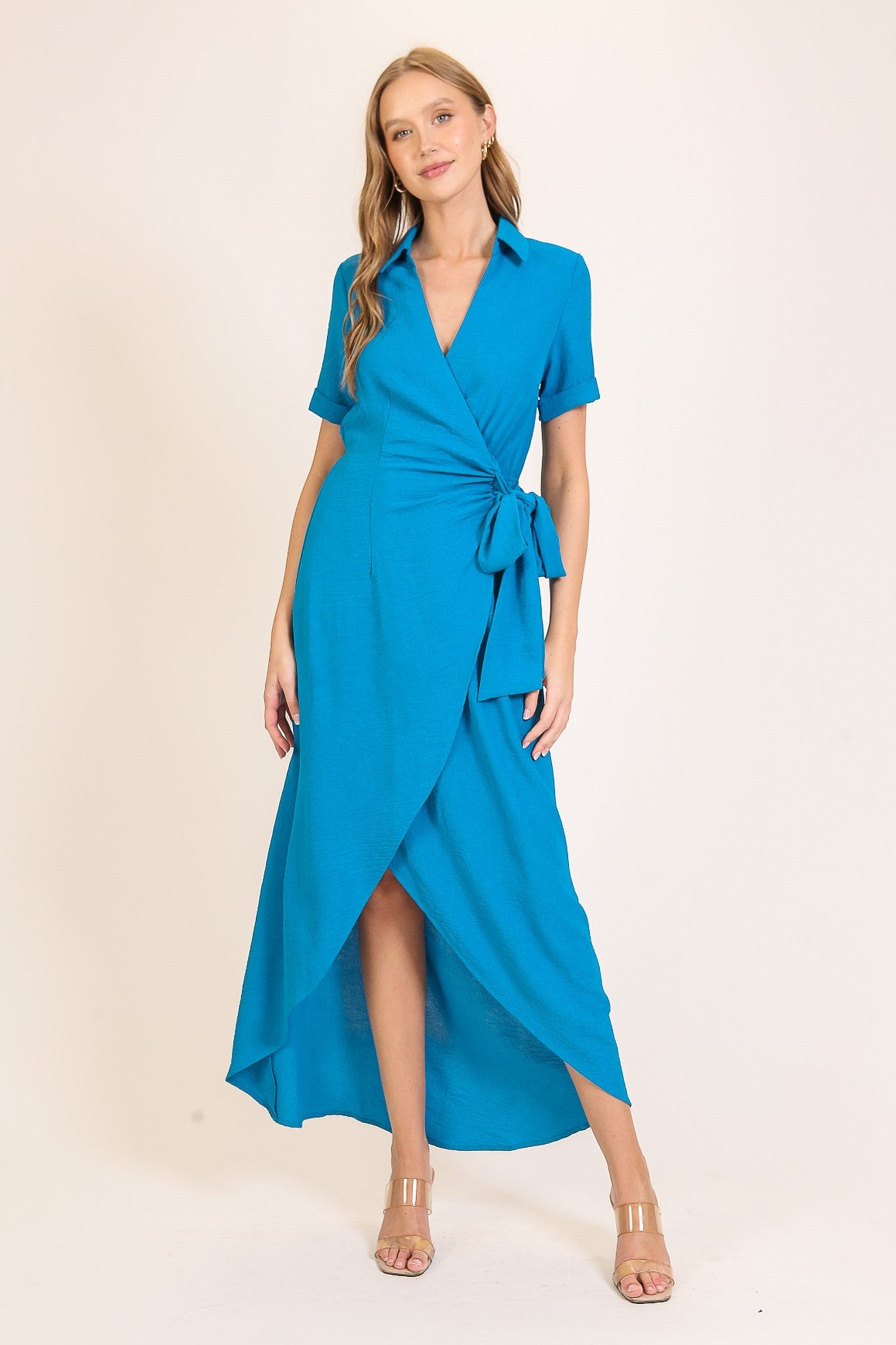 collared short sleeve wrap maxi dress Blue / Large collared short sleeve wrap maxi dress Blue / Large