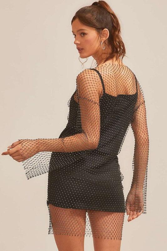long sleeve mesh rhinestone overlay mini dress - tikolighting