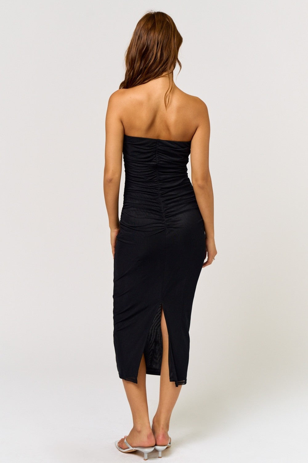 strapless ruched midi dress