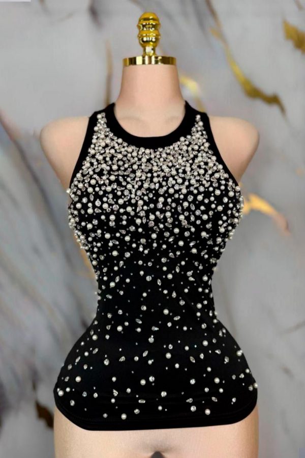 cris cross back rhinestone & pearl tank top