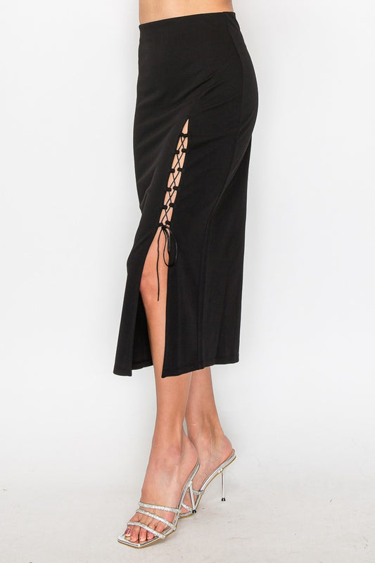 Lace-up Slit High-rise Midi Skirt