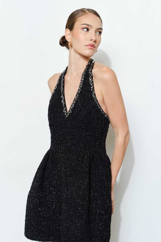 Lurex Glitter Tweed Rhinestone Trim Flare Halter Dress