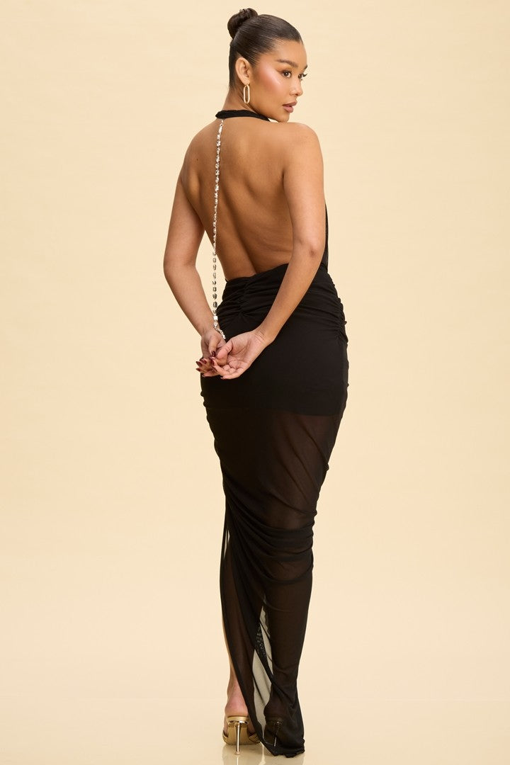 Mesh Ruched Halter Maxi Dress with rhinestone