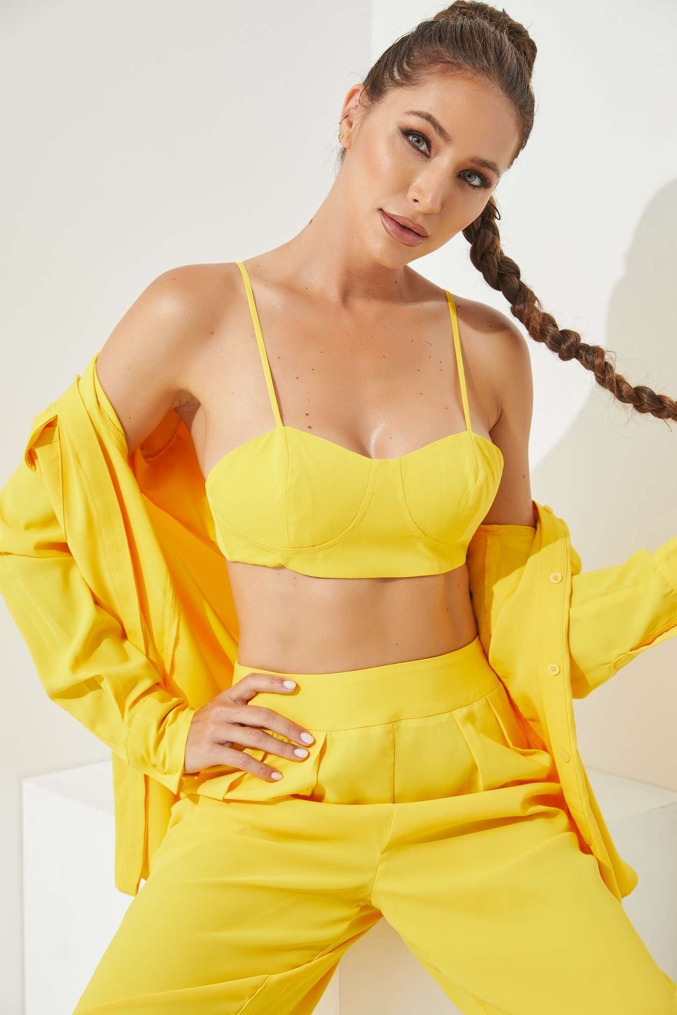 3pc set- button up top, bralette, & high waist pants