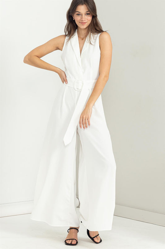 belted collared sleeveless jumpsuit