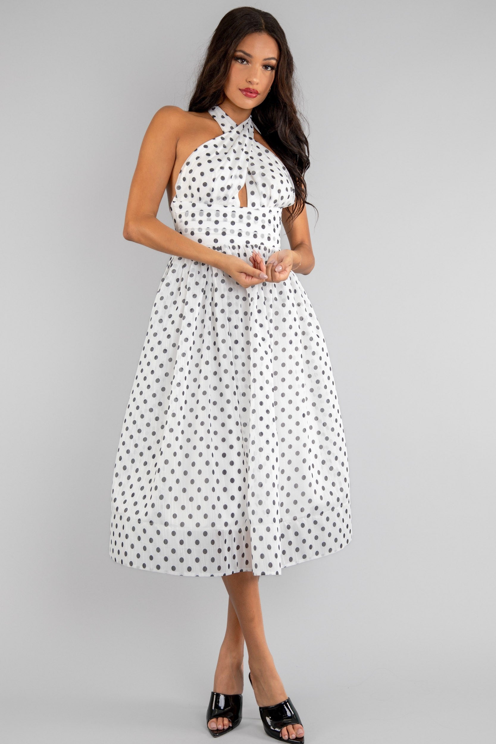 polka dot cross over halter fit & flare midi dress White/Black / SMALL polka dot cross over halter fit & flare midi dress White/Black / SMALL