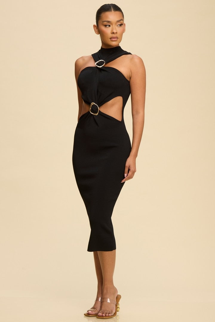 Gold Accent Twist Knit Cutout Sleeveless Dress Black / Medium
