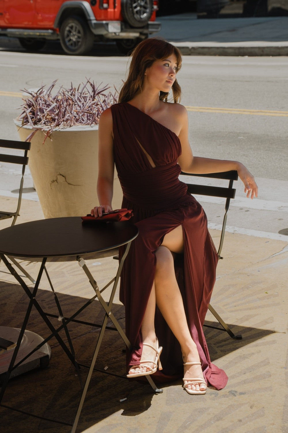 One Shoulder Mesh Maxi Dress With Slit