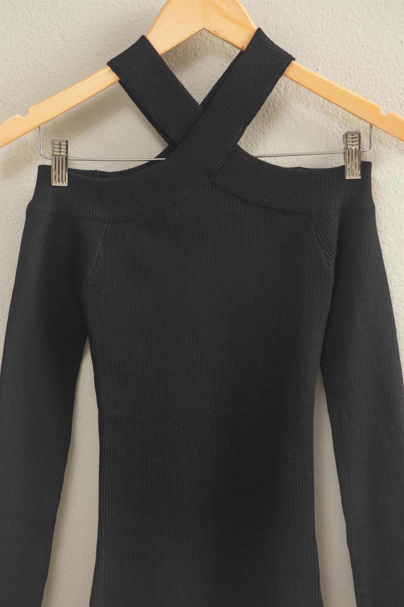 Ribbed Knit Halter Off The Shoulder Top