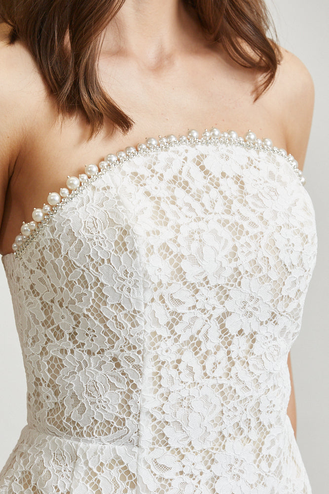 Pearl Rhinestone Lace Strapless Dress