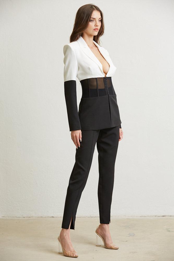 2pc set- Mesh corset color block blazer & tapered pant