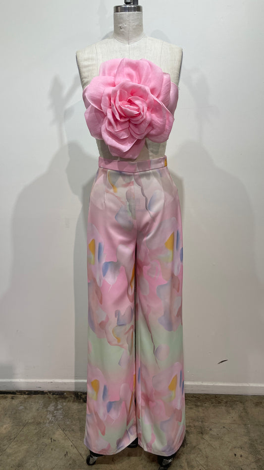 2pc set- flower applique strapless top & high waist pant